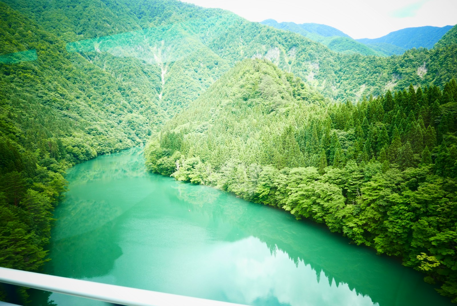 A river flowing through a lush green forest valley, representing the wooded gorge setting of Miyagikyo distillery